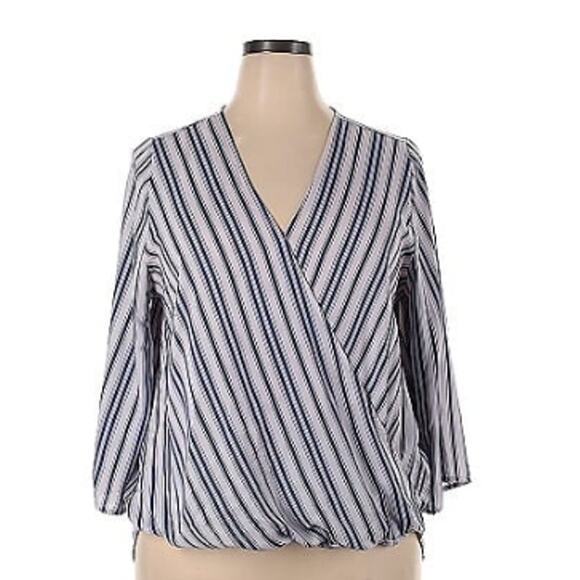West Kei Allan Surplice Rolltab High Low Striped Blouse Size Large - Picture 1 of 4